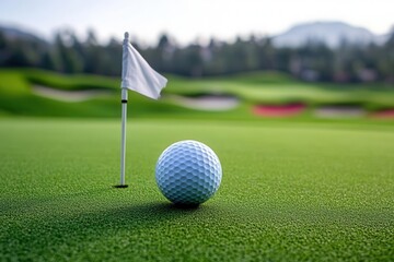 Obraz premium A close-up of a golf ball resting on lush green grass, near a small white flag on the putting green, surrounded by a picturesque landscape.