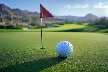 Obraz premium A golf ball sits on a green, close to a red flag, with mountains in the background and a clear sky, capturing the essence of a perfect golf day.