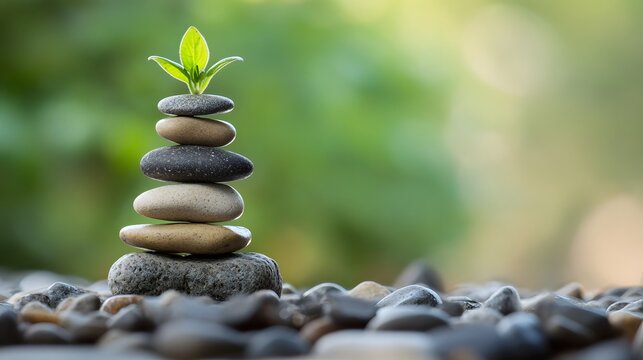 Balanced stones support new growth in tranquil nature scene with lush background