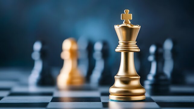 Chess king stands dominantly amidst rival pieces on the board symbolizing strategy and power