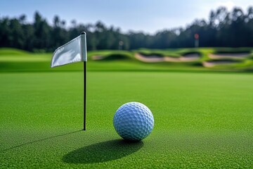 Obraz premium A close-up of a golf ball near a flagstick on a lush green putting green with a blurred background of trees and sand traps.