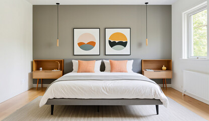 A modern Scandinavian bedroom with a sleek grey bed frame, a minimalist headboard and a few strategically placed decorative pieces, warm