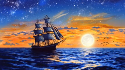 Obraz premium Maritime Voyage: A Sea-Bound Ship Vector Wallpaper