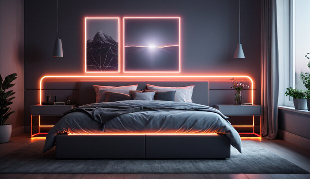 A modern Scandinavian bedroom with a sleek gray frame, a minimalist non-board and a fev strategically placed decorative pieces