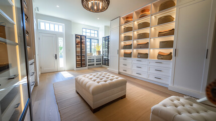 Sleek walk-in closet with backlit shelves, a plush ottoman, and minimalist organization, creating a boutique-inspired storage area.