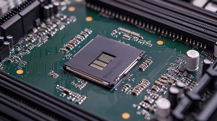 Obraz premium A close-up view of a computer motherboard with a large chip and various electronic components on a green circuit board.