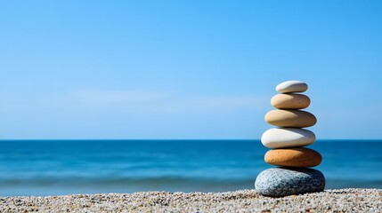 Fototapeta premium Stones balance harmoniously on a serene beach under a clear blue sky