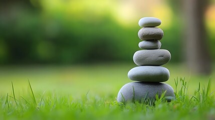 Obraz premium Balancing stones create a serene focus point in nature's embrace on a tranquil day