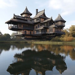 Fototapeta premium An Enchanting Water Reflection of a Grand Victorian Mansion.