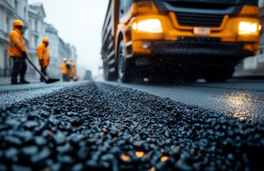 Roadwork Crew with Truck Preparing Asphalt for Paving Project