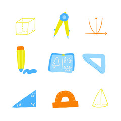 Cute science theme composition, postcard with funny hand drawn doodle math diagram, cube shape, compass, triangle ruler, divider, pencil, student book, pyramid, shape. School, science, education