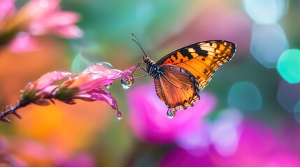 Obraz premium Butterfly on a Flower with Dewdrops