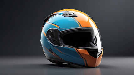 Fototapeta premium A sturdy motorcycle helmet with a glossy finish and a clear, full-face visor. The helmet emphasizes protection and style, designed for safe road riding.