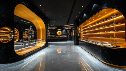 Modern eyewear store interior featuring stylish displays and ambient lighting at night