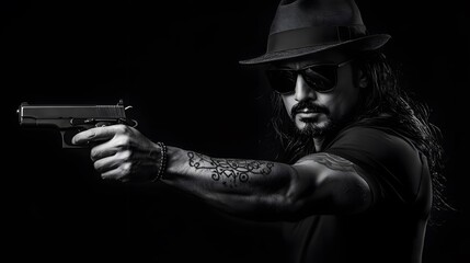 Fototapeta premium A black-and-white photograph of an Indian man with long hair, a goatee beard, and sunglasses. He is wearing a hat and pointing a gun at the camera