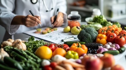 A healthcare professional analyzes various fresh vegetables for dietary planning.