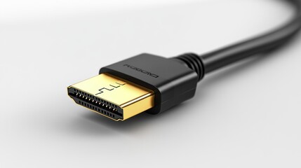 A close-up of a black HDMI cable connector with a gold-plated end for high-definition video.