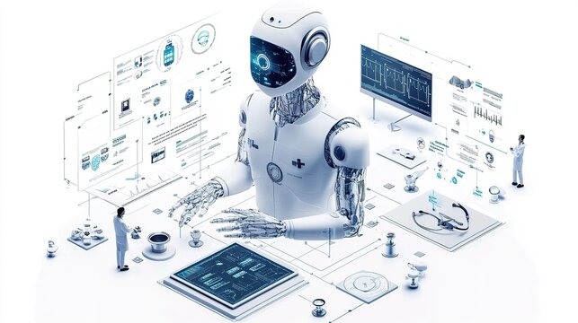 AI system providing medical recommendations to a healthcare professional, set on a clean white background, symbolizing the role of AI in patient care