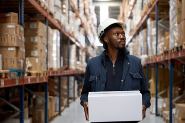 Warehouse worker carrying box in logistics center