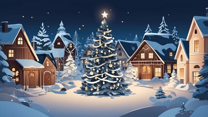 Świąteczna wioska z ozdobioną choinką