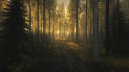Golden sunlight streams through tall trees, casting warm hues on the forest floor covered with moss and fallen leaves, creating a peaceful and enchanting atmosphere.