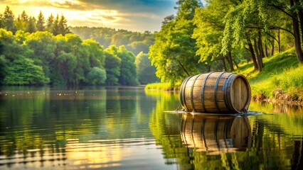 A vintage whiskey barrel is half-submerged in a serene lake with surrounding trees and lush greenery, aquatic surroundings, water feature, lake scene