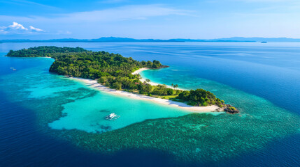 Fototapeta premium A breathtaking aerial view of a tropical island with clear turquoise waters and lush greenery under a bright blue sky