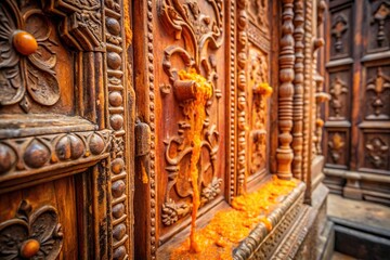 Fototapeta premium Close-up of saffron-infused slime oozing from a mysterious, ancient-looking door with intricate carvings, slime, creepy ambiance, rusty hinges, old wood, mystical