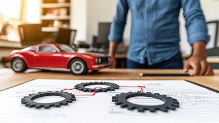 Fototapeta premium A designer constructs innovative concepts using gears and scale models to enhance creative ideas in engineering projects
