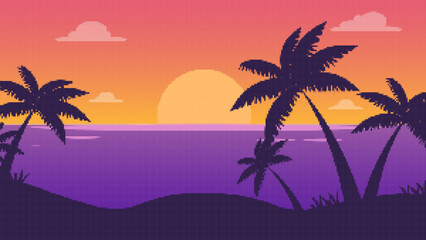 Sunset beach scene pixel art. with sea water, palm trees, and. Palm silhouette