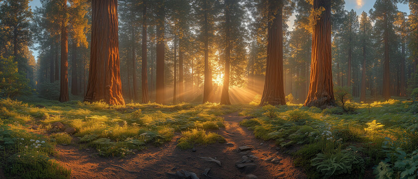 Paysage majestueux de s&eacute;quoias illumin&eacute;s par un coucher de soleil