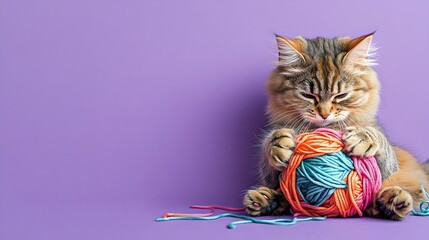 Curious Cat Tangled in Colorful Yarn Struggling to Break Free on Minimalistic Purple Background