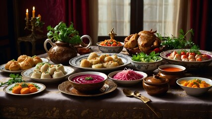 Tradycyjny świąteczny stół pełen potraw