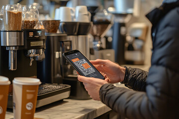 Using smartphone for QR code payment in a coffee shop