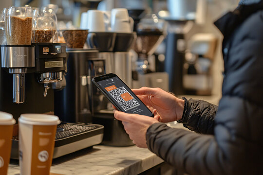 Using smartphone for QR code payment in a coffee shop
