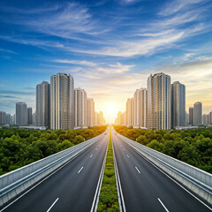 Obraz premium highway towards city at night. road to city high rise building. expressway towards city skyline.