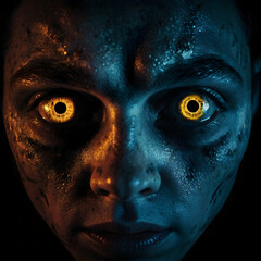 Naklejka premium A frightening, ghostly visual of two glowing white eyes in the middle of a black background, encircled by a dark ring. The image is presented in a cinematic wide aspect ratio.