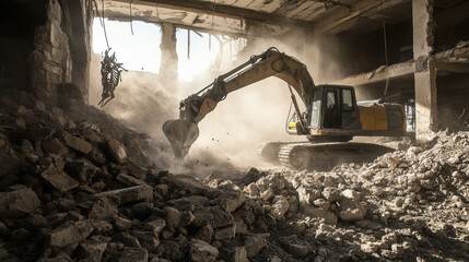 Fototapeta premium Excavator demolishing a building amidst dust and debris in an urban area during daylight hours