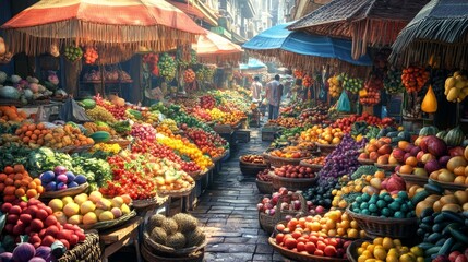 Fototapeta premium Vibrant market filled with colorful fruits and vegetables, showcasing local produce and bustling activity.