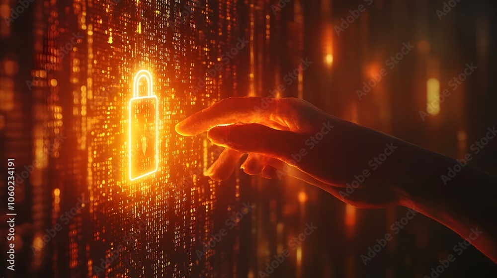 Poster a person s hand hovering over a glowing digital padlock symbolizing secure data and access binary co