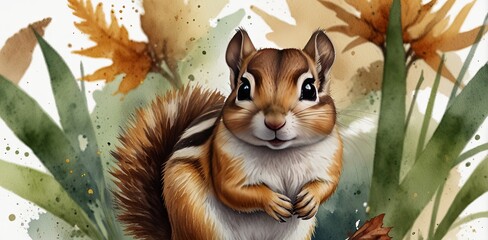 Fototapeta premium watercolor painted illustration. Hand drawn vintage style watercolor illustration. Cute chipmunk animals wildlife nature forest animal siting on the green grass. Isolated on white background