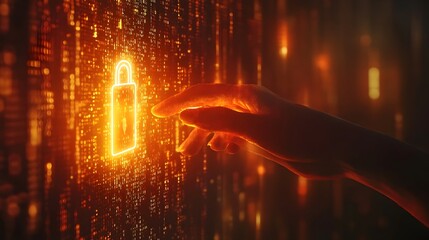 A person s hand hovering over a glowing digital padlock symbolizing secure data and access  Binary code streams in the background representing the underlying technology and digital transformation