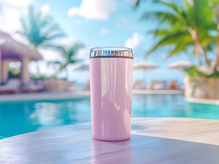 Naklejka premium Pink Tumbler Mockup by Poolside in Tropical Paradise