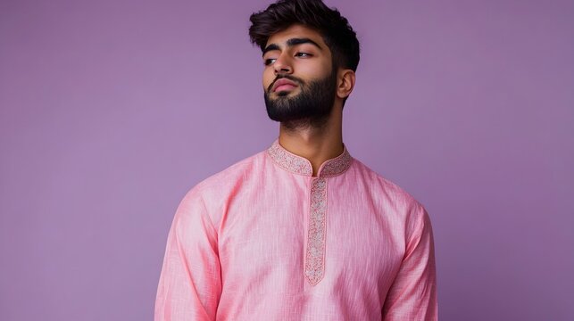 Portrait of a thoughtful young Indian man dressed in a traditional kurta standing in a lighting studio against a plain lavender background lost in contemplation