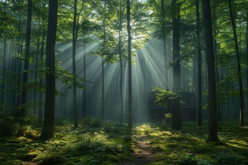 Fototapeta premium Sunbeams Through Trees in Misty Forest with Path