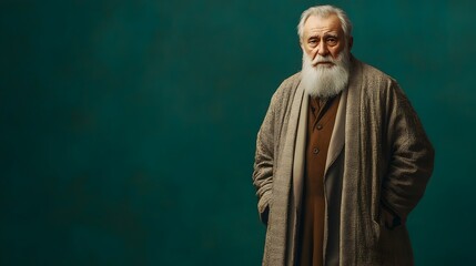 Naklejka premium A contemplative portrait of an elderly Russian man dressed in traditional Slavic robes standing against a plain forest green background with studio lighting conveying a sense of wisdom