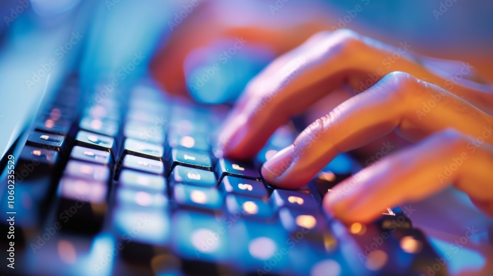 Poster programmer works late at night, typing code on an illuminated keyboard in an office setting