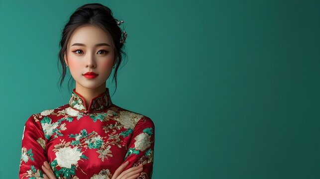 Intrigued Young Chinese Woman Wearing Stylish Qipao Dress Posing in Emerald Green Studio Lighting with Copy Space Above