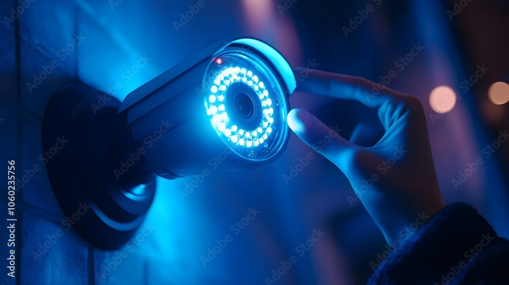 Poster hand holding a glowing and futuristic privacy shield device that is blocking incoming data streams f