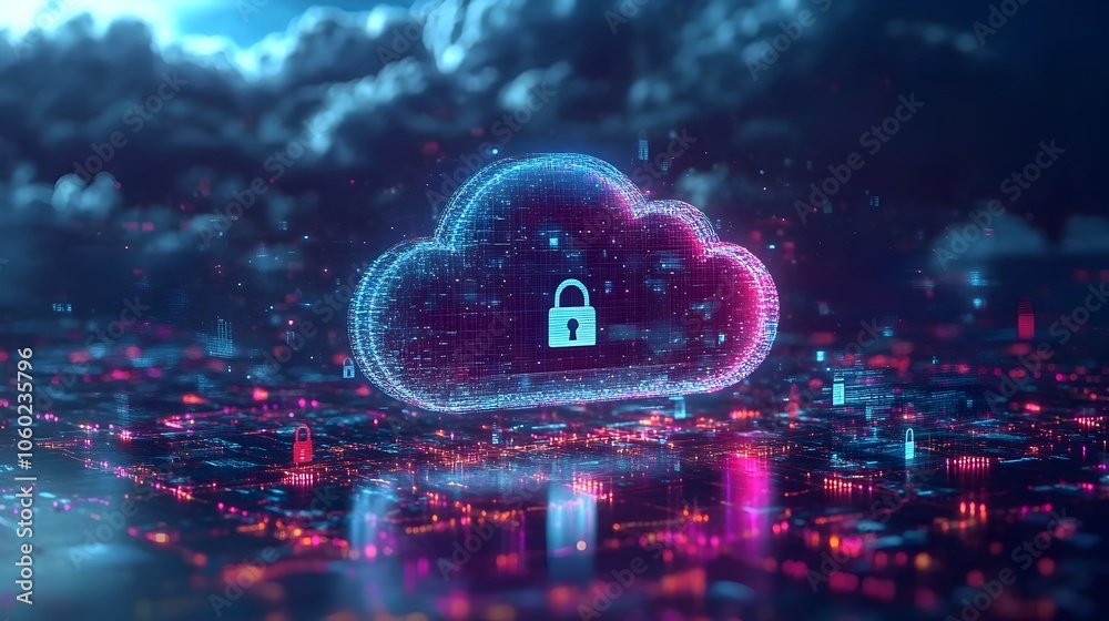 Poster secure cloud icon surrounded by floating personal data points each wrapped in a protective layer of 